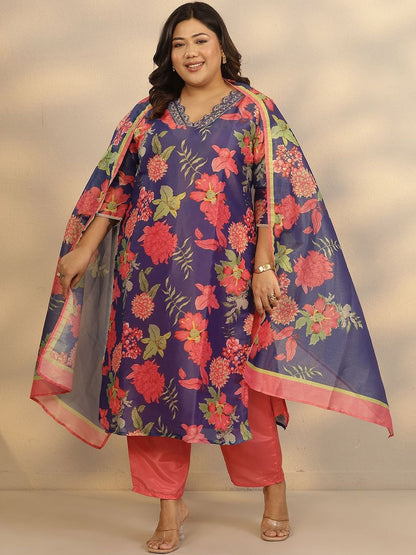 Dhiyona Women's Plus Size Floral Printed Kurta with Trousers & Dupatta