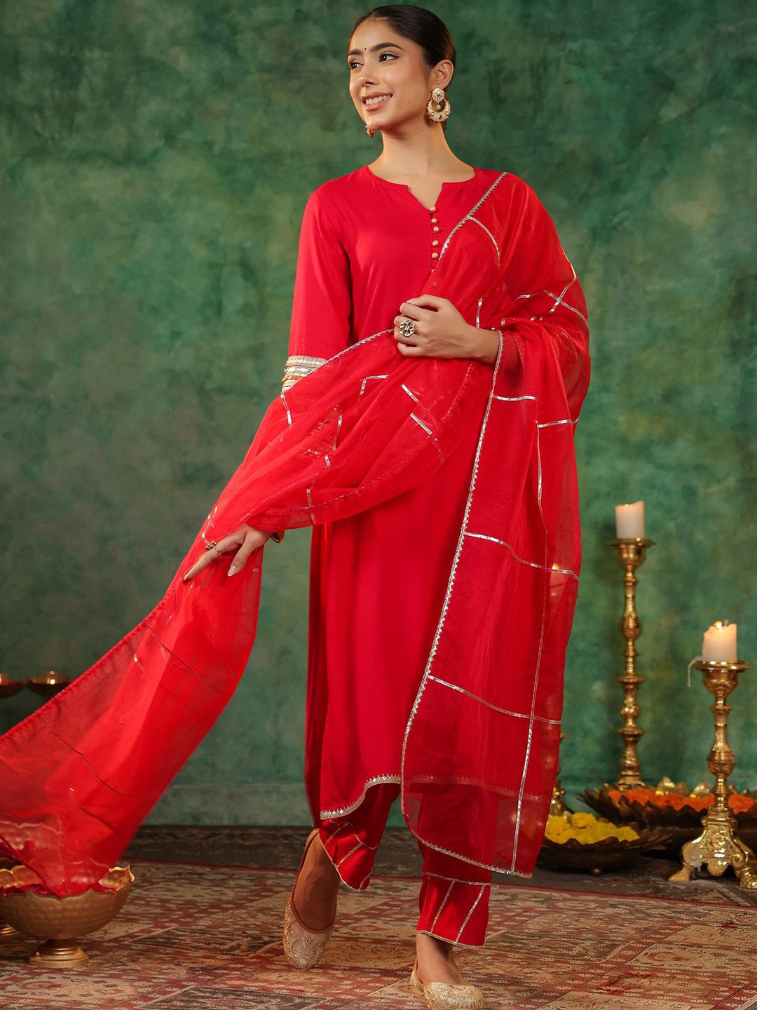 Dhiyona RR Women's Round Neck Gotta Patti Kurta With Trousers & Dupatta