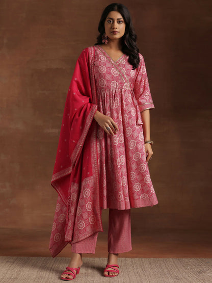 Women's LB Pink Printed Silk Blend Anarkali Suit With Dupatta