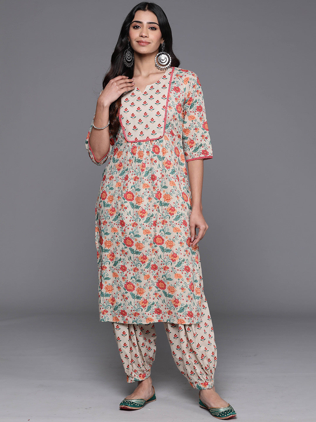 Floral Printed Notch Neck Straight Kurta With Salwar