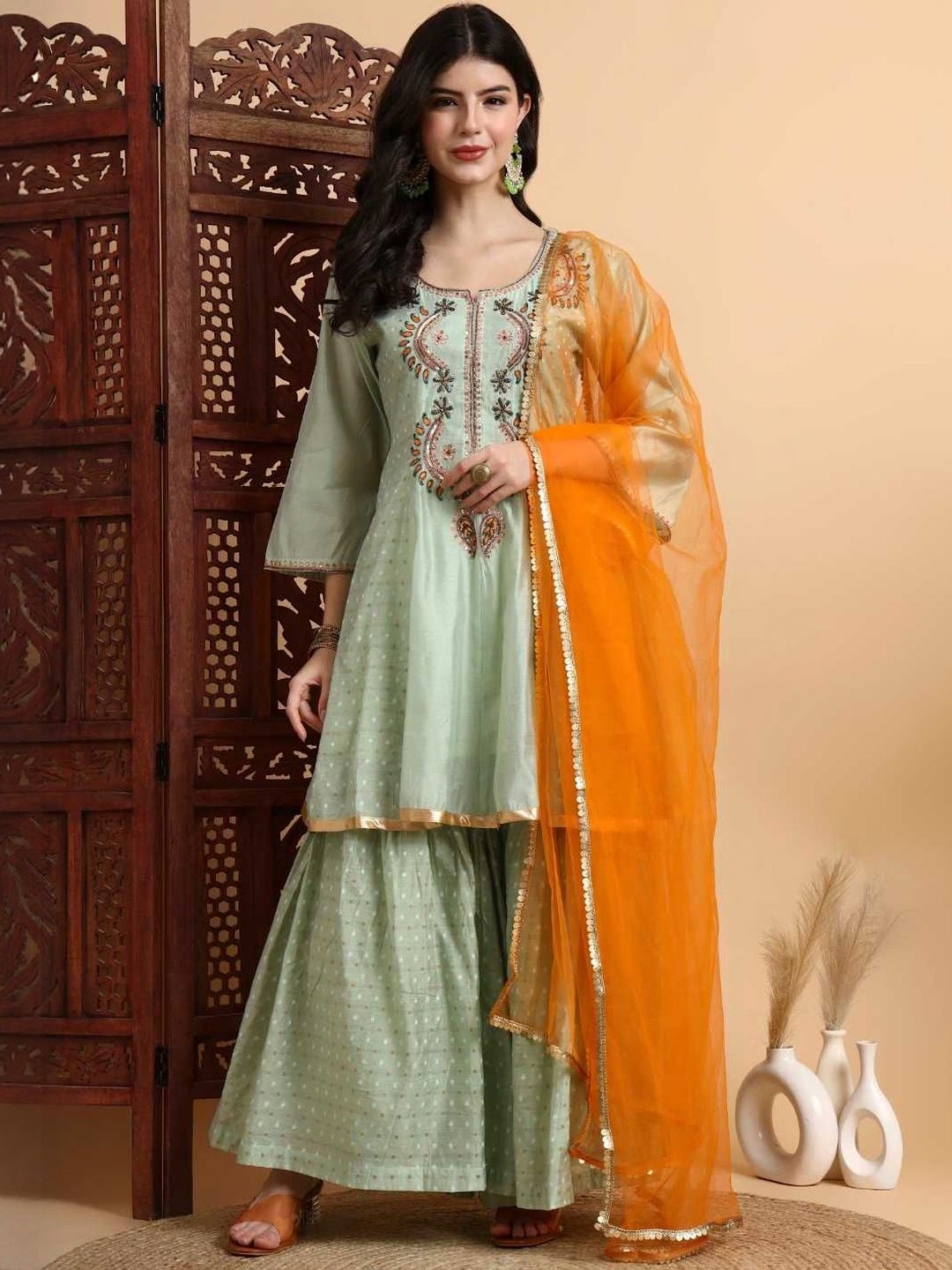 Dhiyona HOP Zardosi Embroidered Kurta & Sharara With Dupatta