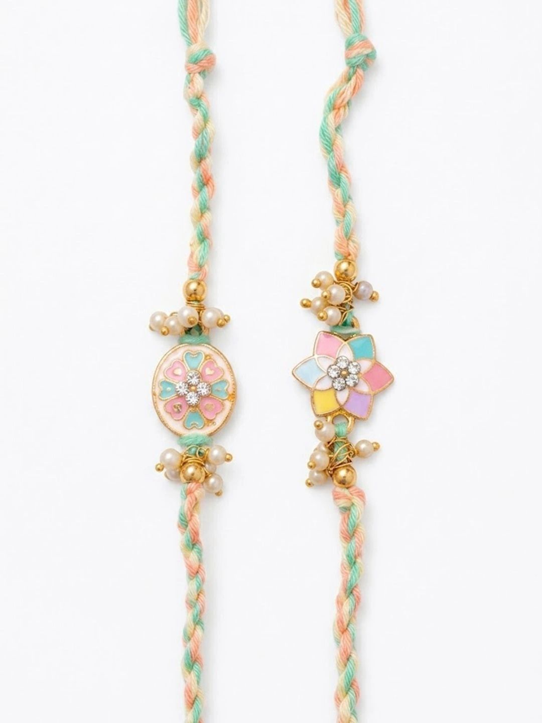 Dhiyona Set Of 2 Meenakari Floral Thread Rakhi With Roli Chawal Chandan Mishri