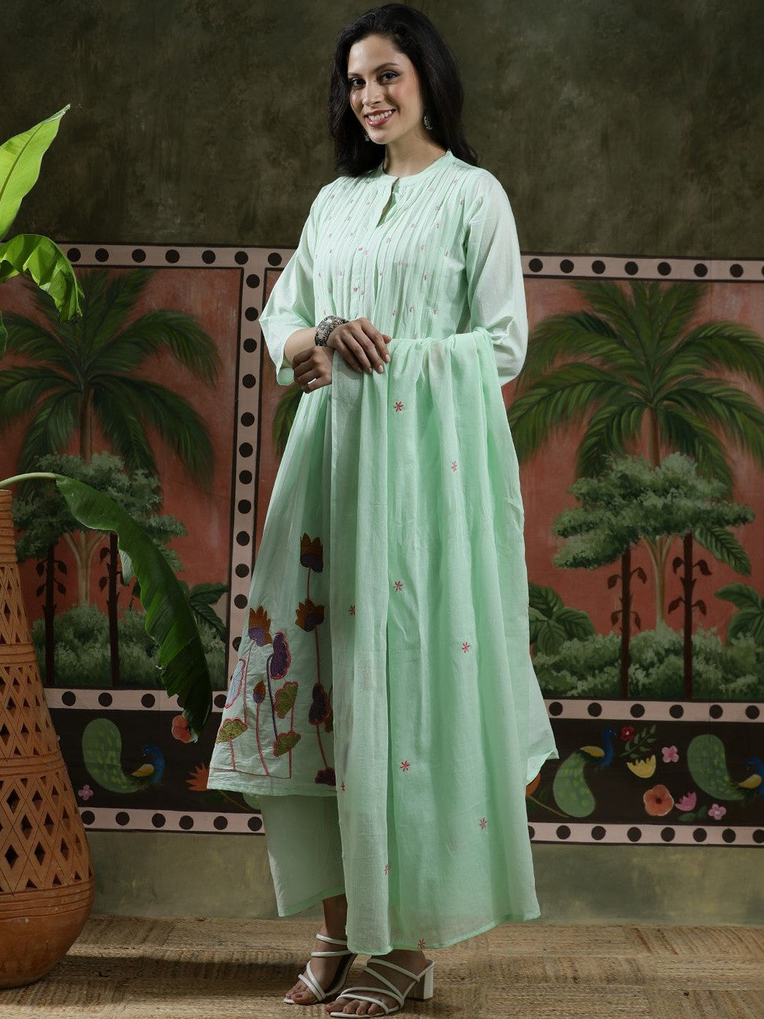 Embroidered Pure Cotton Mandarin Collar Kurta & Trousers Kurta Sets