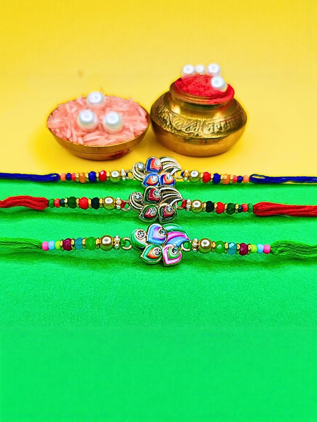 Dhiyona Set Of 3 Beaded Cotton Thread with AD Stones & Meenakari Designer Rakhi for Brother