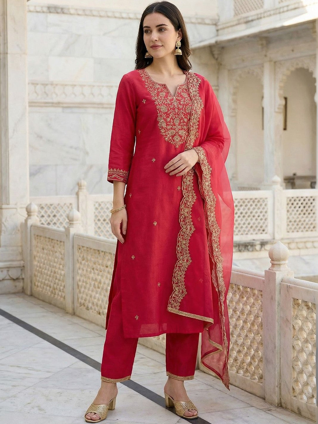 Women Ethnic Motifs Embroidered Regular Thread Work Liva Kurta with Trousers & With Dupatta