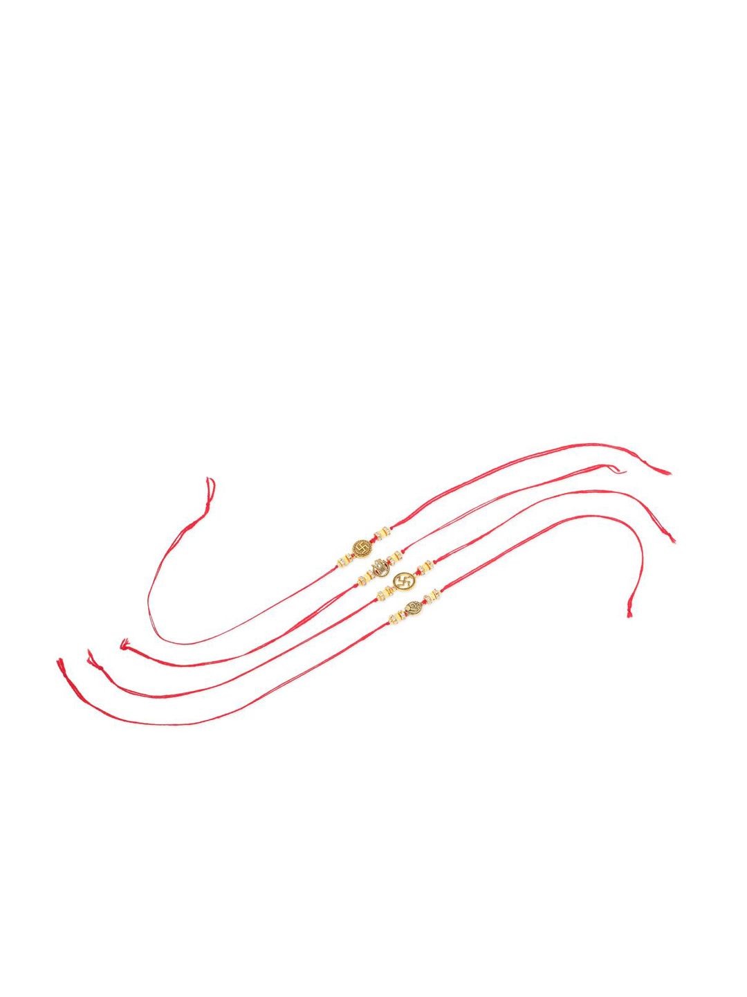 Dhiyona Set Of 4 Artificial Stones Studded & Beaded Swastik Thread Rakhis