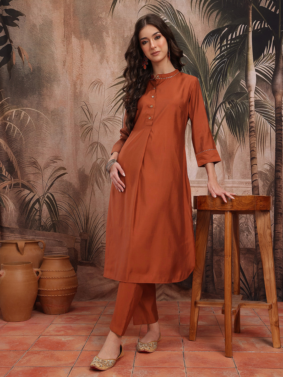 Regular Pleated Kurta with Trousers