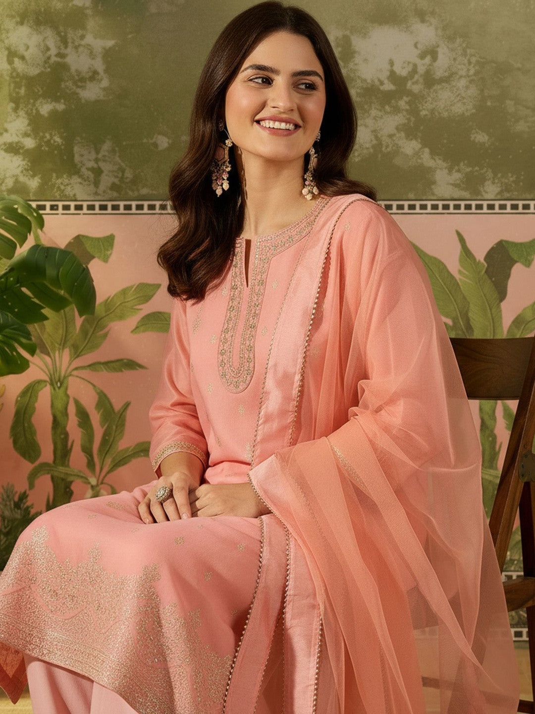 Women Ethnic Motifs Embroidered Regular Chanderi Cotton Kurta with Trousers & With Dupatta