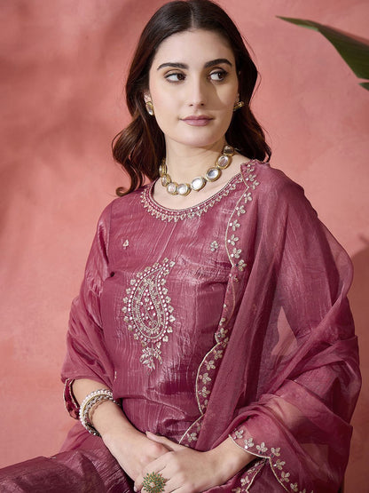 Dhiyona SN Paisley Embroidered Mirror Work Straight Kurta And Palazzo With Dupatta