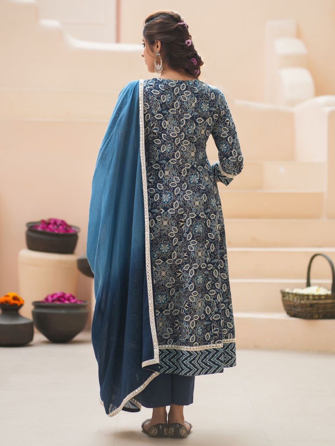 Dhiyona RR Women's Floral Printed Cotton Kurta with Trousers & Dupatta