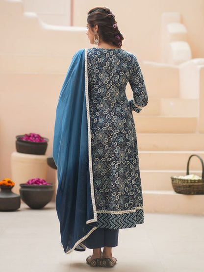 Dhiyona RR Women's Floral Printed Cotton Kurta with Trousers & Dupatta