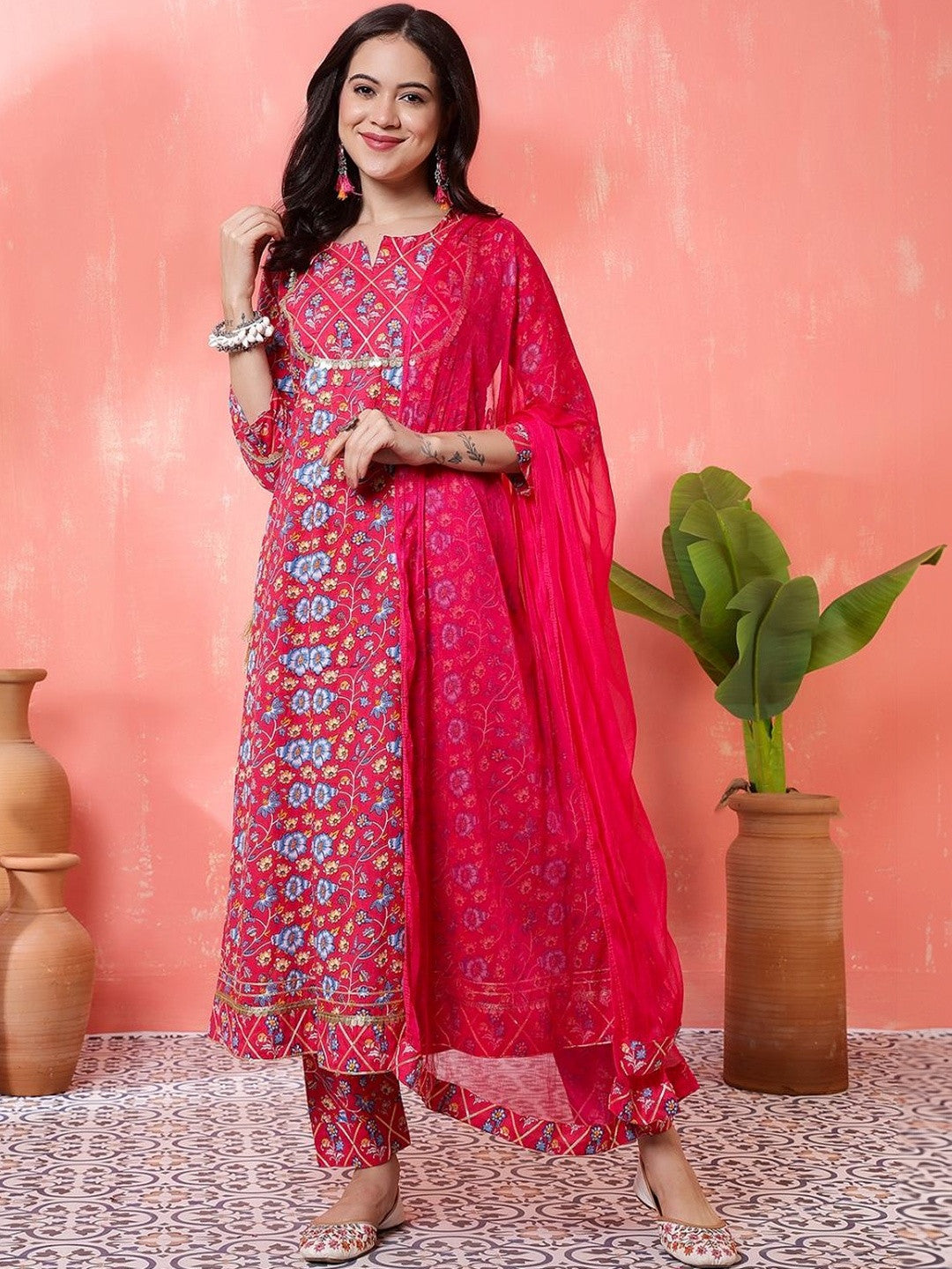 Dhiyona SN Embroidered Pure Cotton Round Neck Kurta & Palazzos Kurta Sets