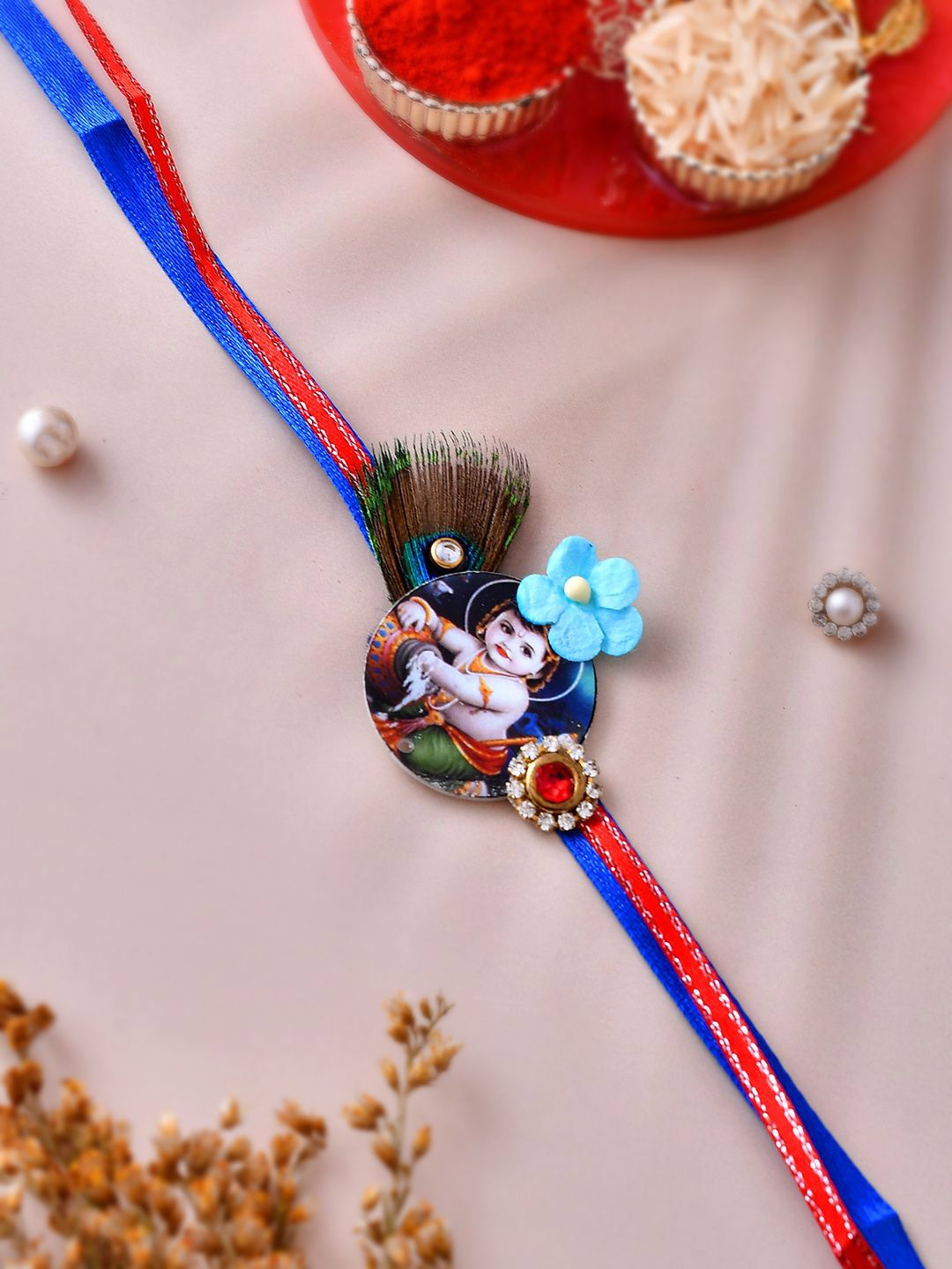 Dhiyona Blue Mor Pankh & Bal Gopal Beaded Rakhi With Roli Chawal & Greeting Card