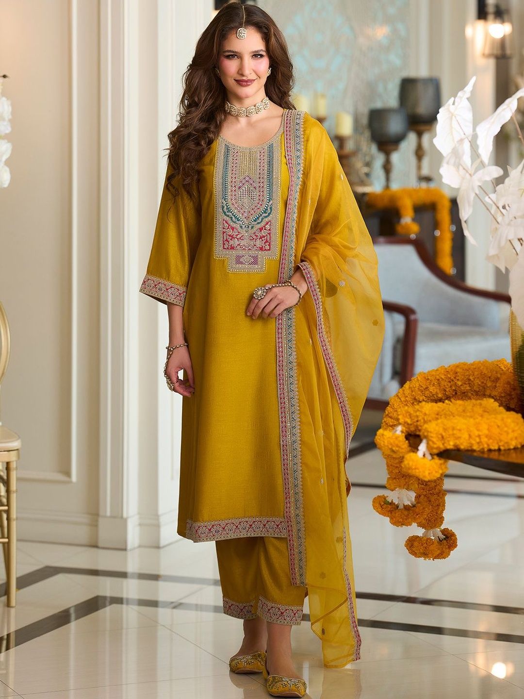 Dhiyona IE Women Ethnic Motifs Embroidered A-Line Kurta with Trousers & Dupatta