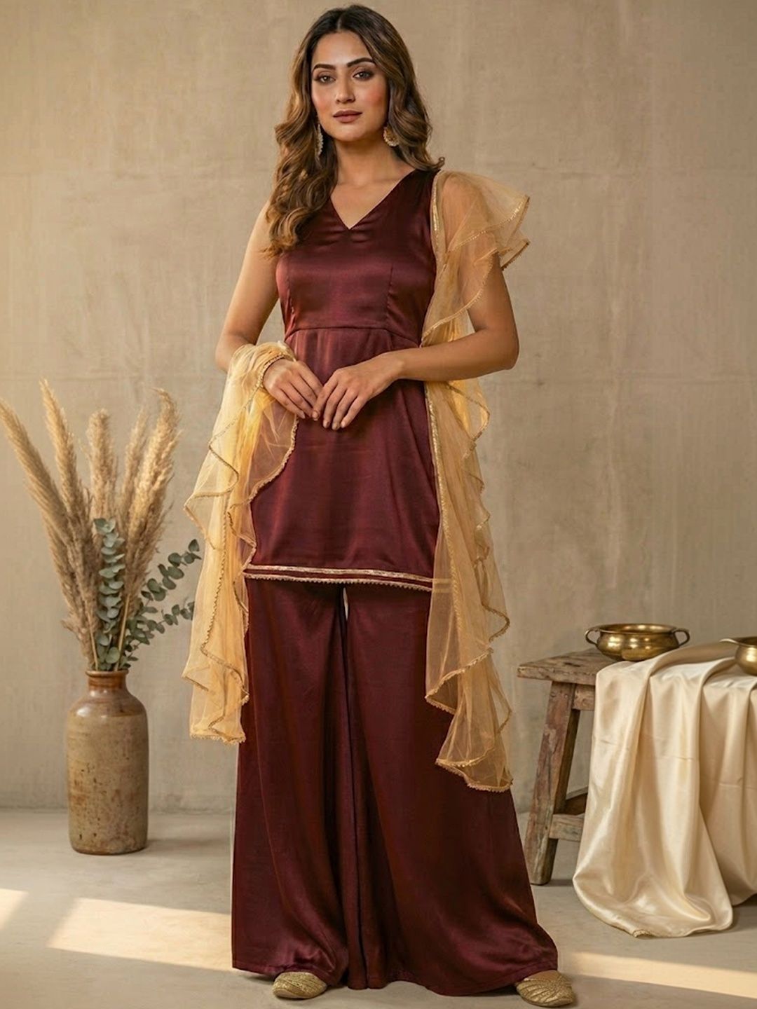 Dhiyona SN Satin V-Neck Kurti & Sharara With Dupatta