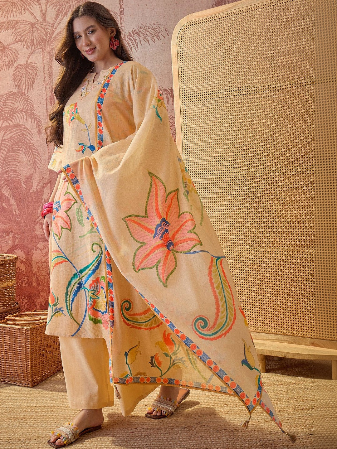 Printed Pure Cotton Keyhole Neck Kurta & Trousers With Dupatta