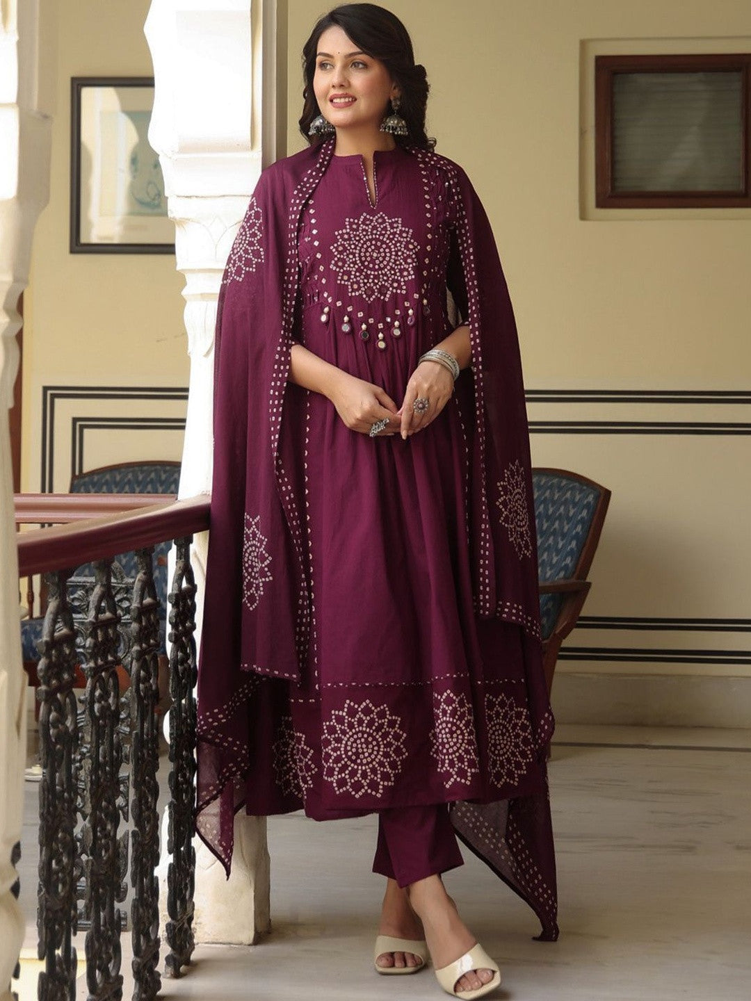 Women Ethnic Motifs Printed Empire Mirror Work Pure Cotton Kurta with Trousers & With Dupatta