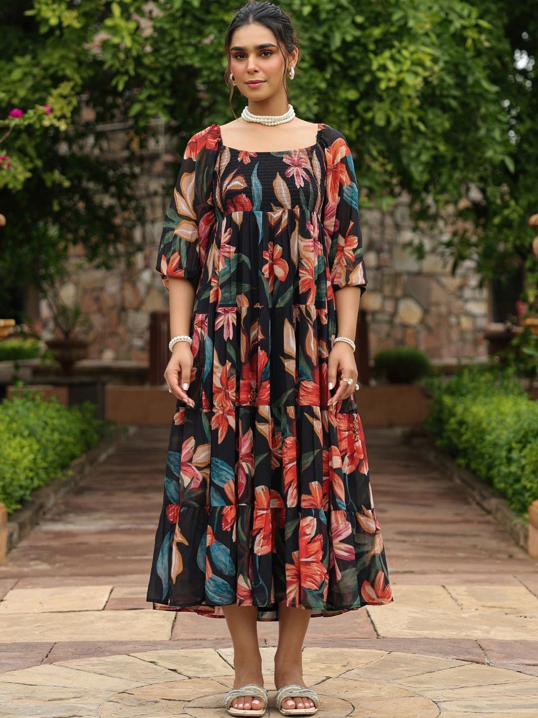 Dhiyona AY Women's Floral Print Puff Sleeve Georgette Fit & Flare Midi Dress