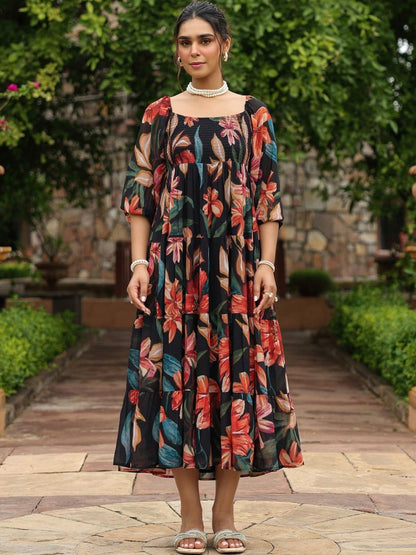 Dhiyona AY Women's Floral Print Puff Sleeve Georgette Fit & Flare Midi Dress