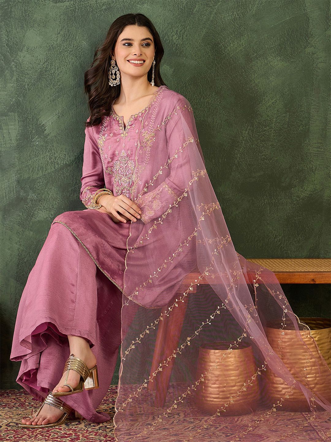 Dhiyona KL Women Ethnic Motifs Embroidered Regular Thread Work Kurta with Sharara & With Dupatta