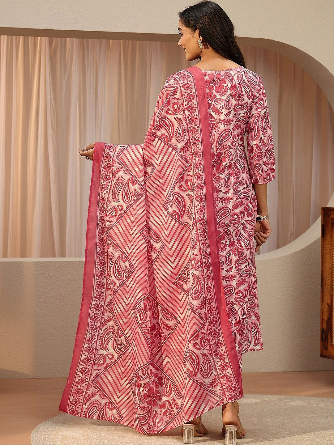 Red Paisley Printed Cotton Straight Suit Set