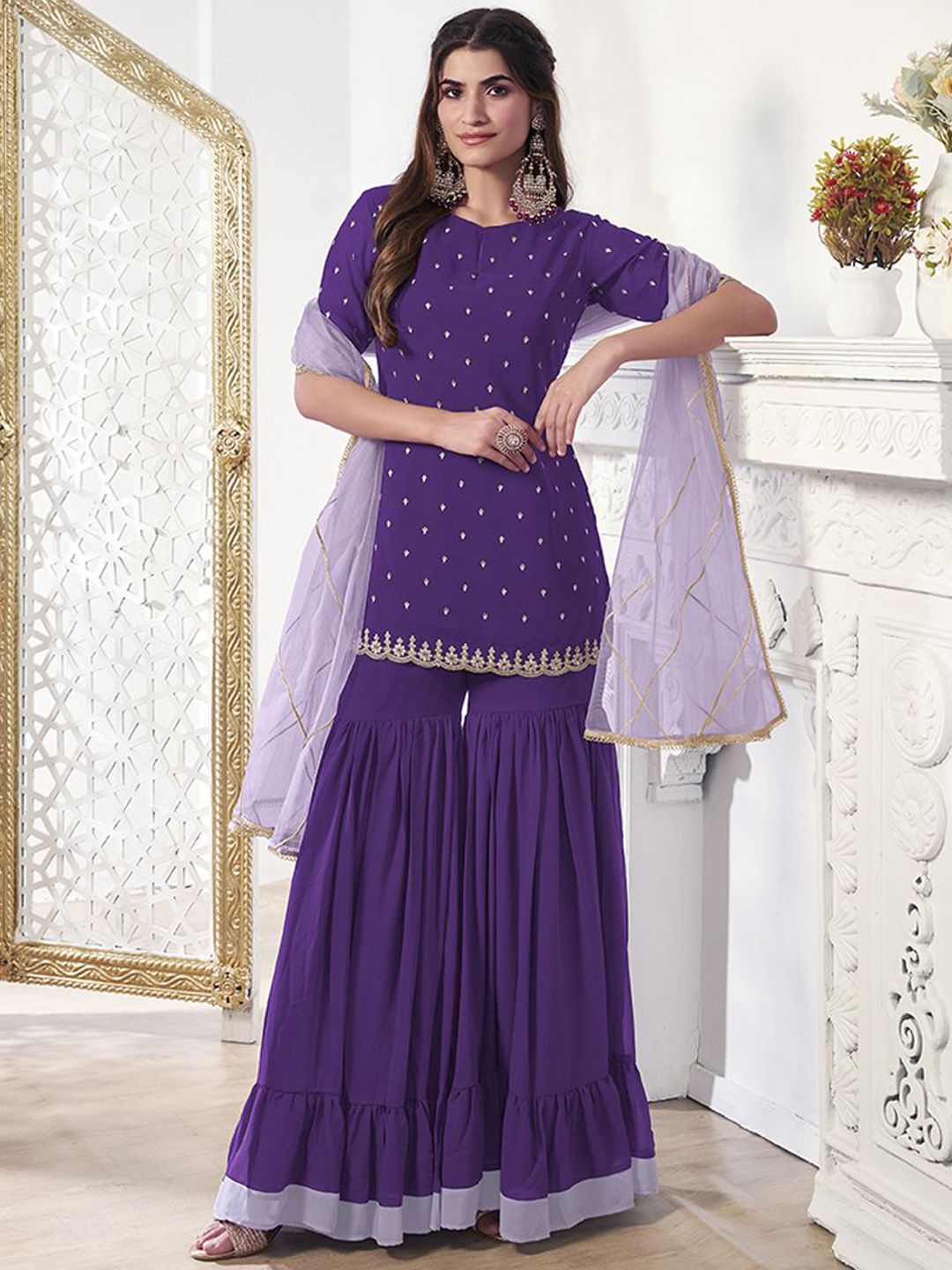 Dhiyona IN Women Floral Thread Sequinned Embroidered Kurta, Palazzos & Dupatta Set