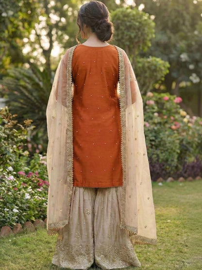 Dhiyona KL Women Ethnic Motifs Embroidered Regular Thread Work Kurta with Sharara & With Dupatta