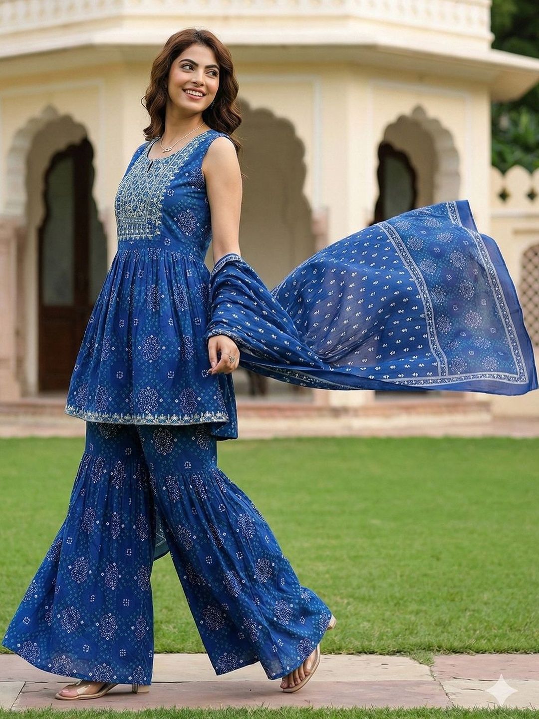 Dhiyona AN Women Ethnic Motifs Printed Empire Thread Work Pure Cotton Kurta with Sharara & With Dupatta