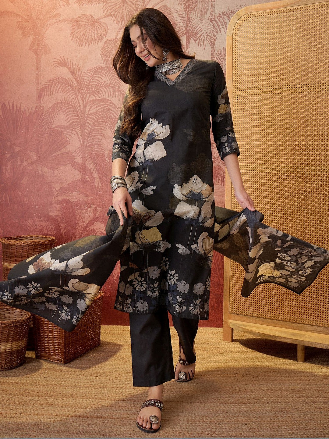 Printed Pure Cotton V-Neck Kurta & Trousers With Dupatta