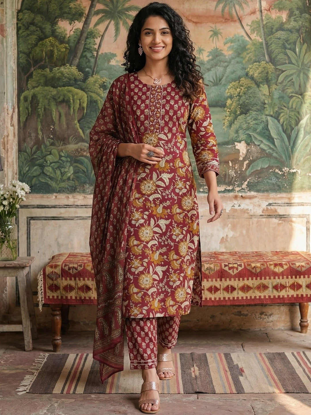 Dhiyona SN Women's Pure Cotton 3 Pcs Maroon Colour Straight Printed Kurta Sets Kurta Sets