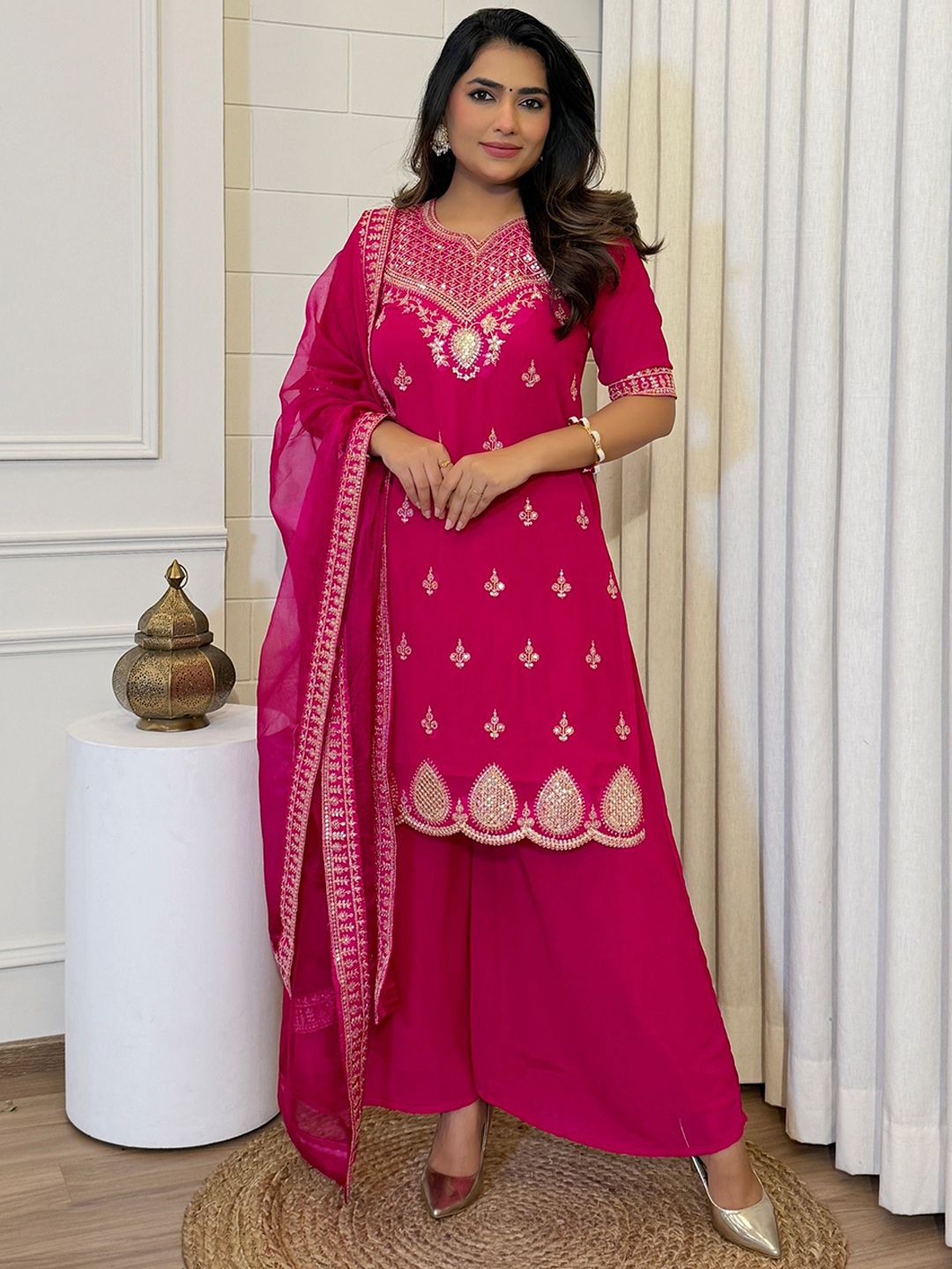 Dhiyona KL Ethnic Motifs Embroidered Notch Neck Thread Work Kurta With Sharara & Dupatta