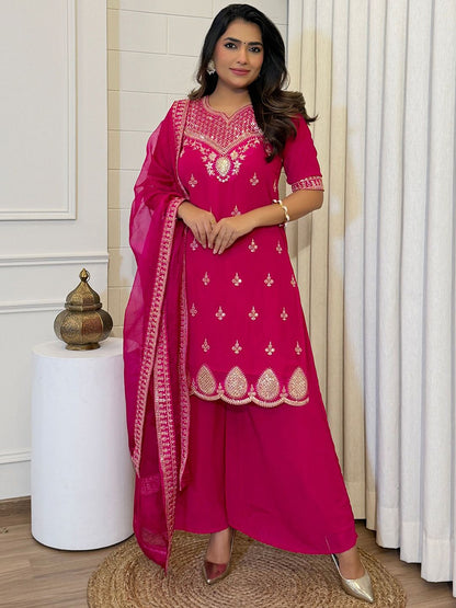 Dhiyona KL Ethnic Motifs Embroidered Notch Neck Thread Work Kurta With Sharara & Dupatta