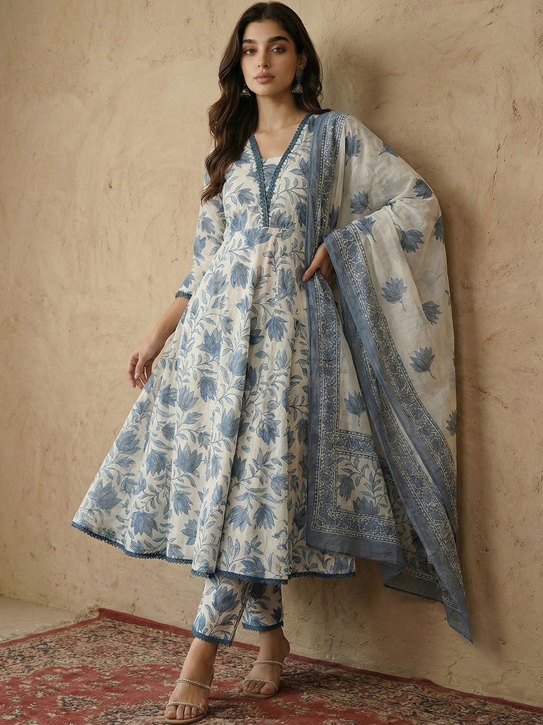 Printed V-Neck Kurta & Trousers With Dupatta