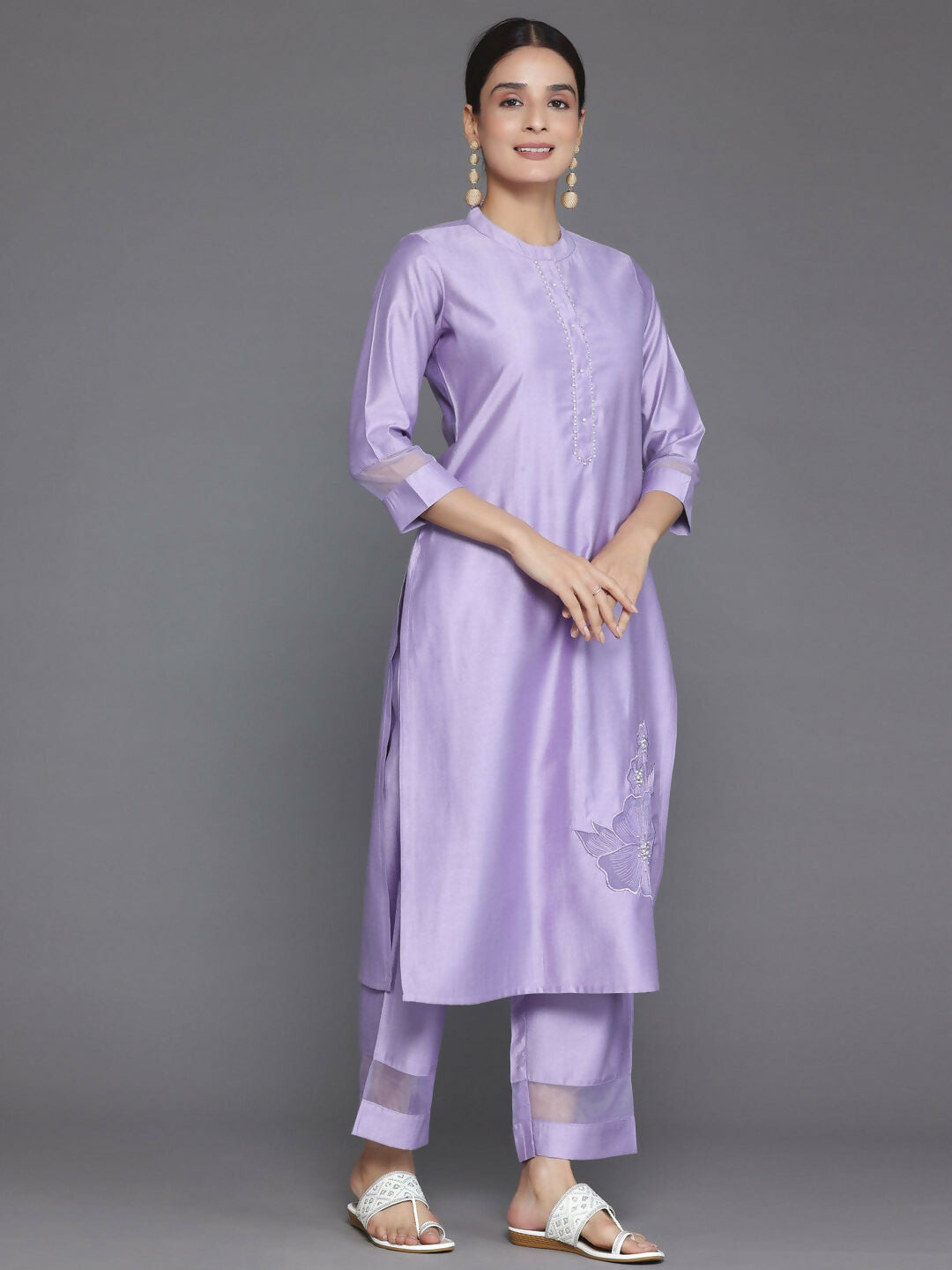 Women's LB Lavender Solid Silk Blend Straight Suit With Dupatta