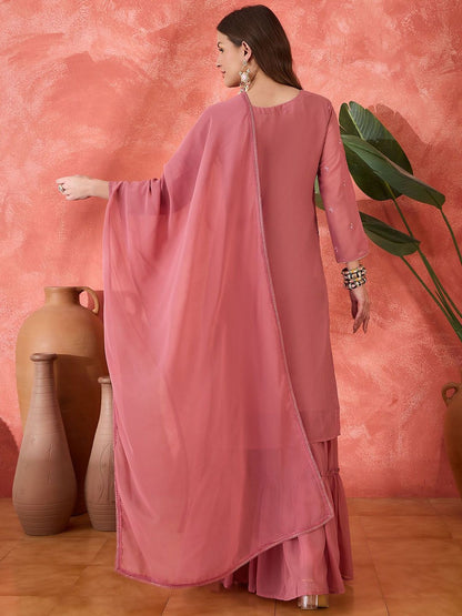 Dhiyona SN Floral Embroidered Round Neck Straight Kurta With Sharara And Dupatta