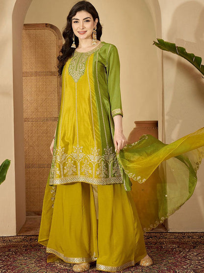 Dhiyona SN Floral Embroidered Round Neck Zari Kurta With Palazzos & Dupatta