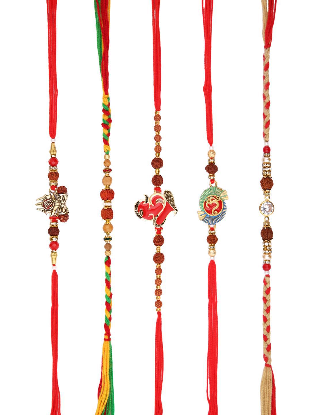 Dhiyona Set Of 5 Rudraksh & Swastik Beaded Thread Rakhi With Roli Chawal & Greetings Card