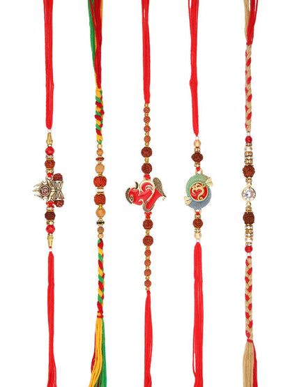 Dhiyona Set Of 5 Rudraksh & Swastik Beaded Thread Rakhi With Roli Chawal & Greetings Card