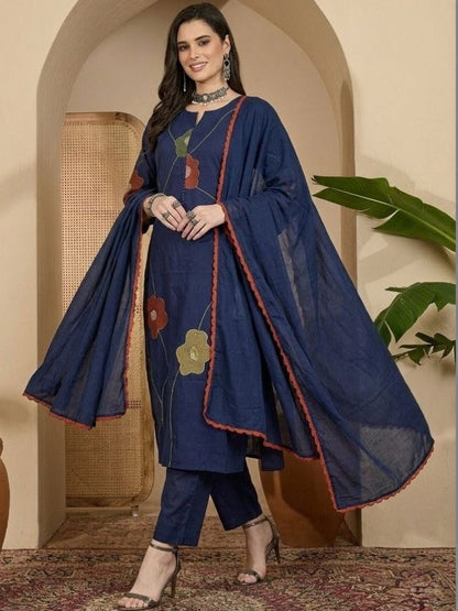 Printed Cotton Round Neck Kurta & Trousers With Dupatta