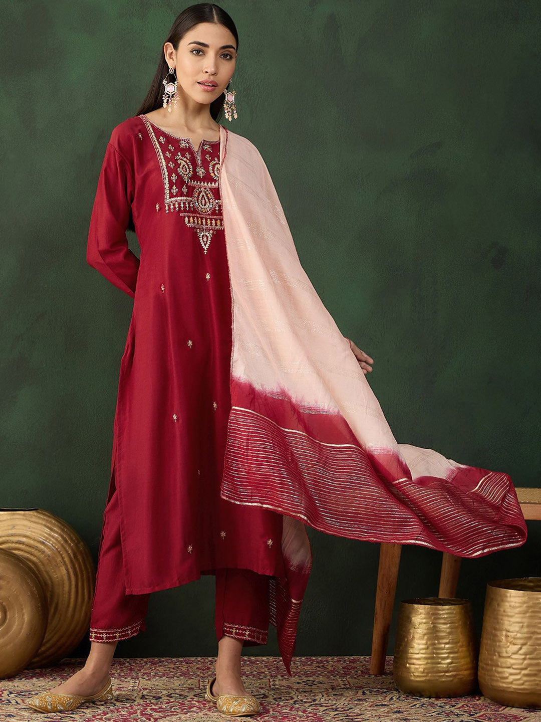 Dhiyona SN Floral Embroidered Sequinned Kurta with Trousers & Dupatta