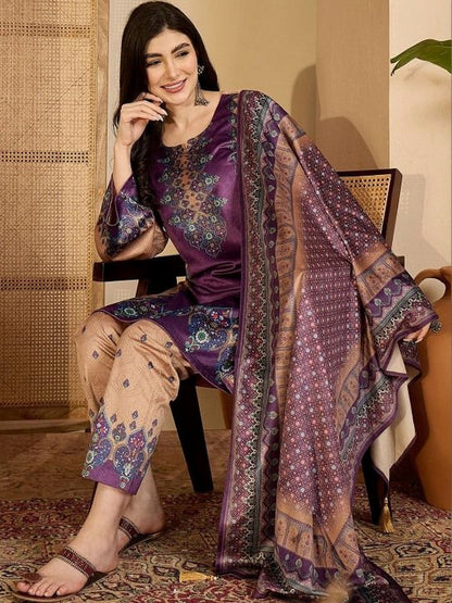Printed Velvet Round Neck Kurta & Trousers with Dupatta set