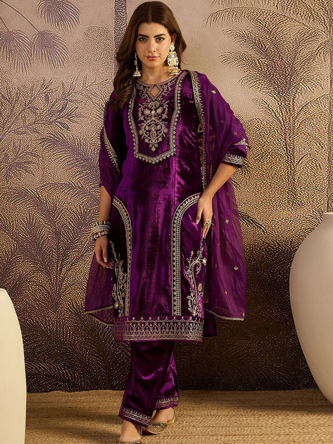 Dhiyona SN Zari Sequence Cording Embroidered Velvet Kurta with Trousers & Dupatta Set