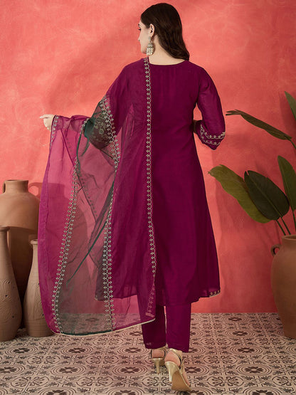 Women Floral Embroidered A-line Kurta with Trousers & Dupatta