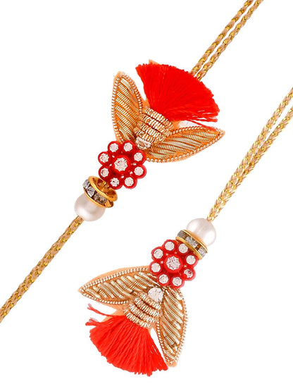 Dhiyona Red Set of 2 Scarlet Floral Studded Zari Work Rakhi With Roli Chawal & Greeting Card