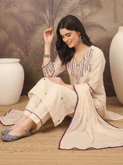 Women Ethnic Motifs Embroidered Regular Pure Cotton Kurta with Trousers & With Dupatta