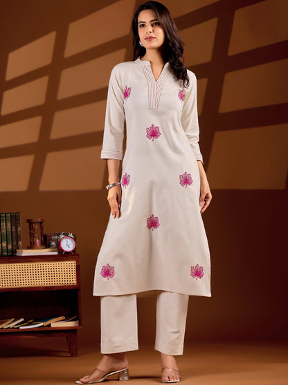 Women Floral Embroidered Regular Thread Work Pure Cotton Kurta with Trousers