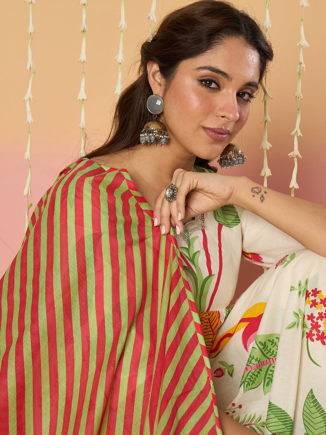Dhiyona IE Women Ethnic Motifs Printed Panelled Pure Cotton Kurta with Trousers & Dupatta