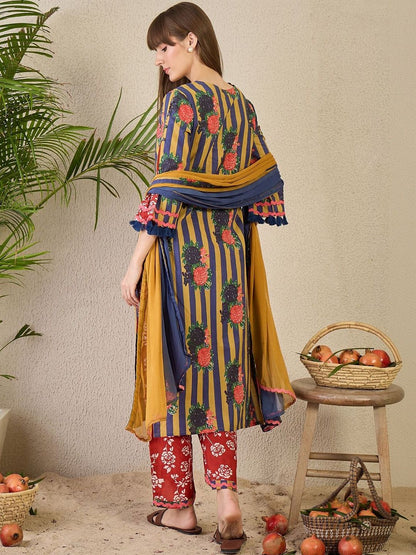 Women Printed Regular Pure Cotton Kurta with Trousers & With Dupatta