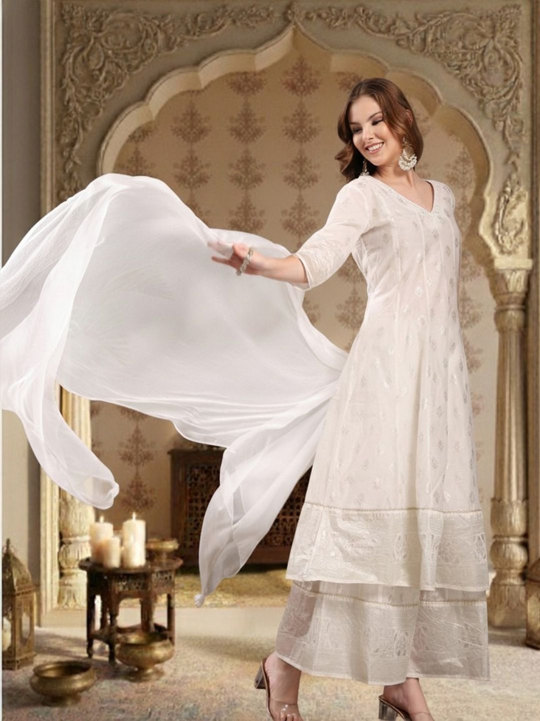 Dhiyona HOP Printed V-Neck Anarkali Kurta & Sharara With Dupatta