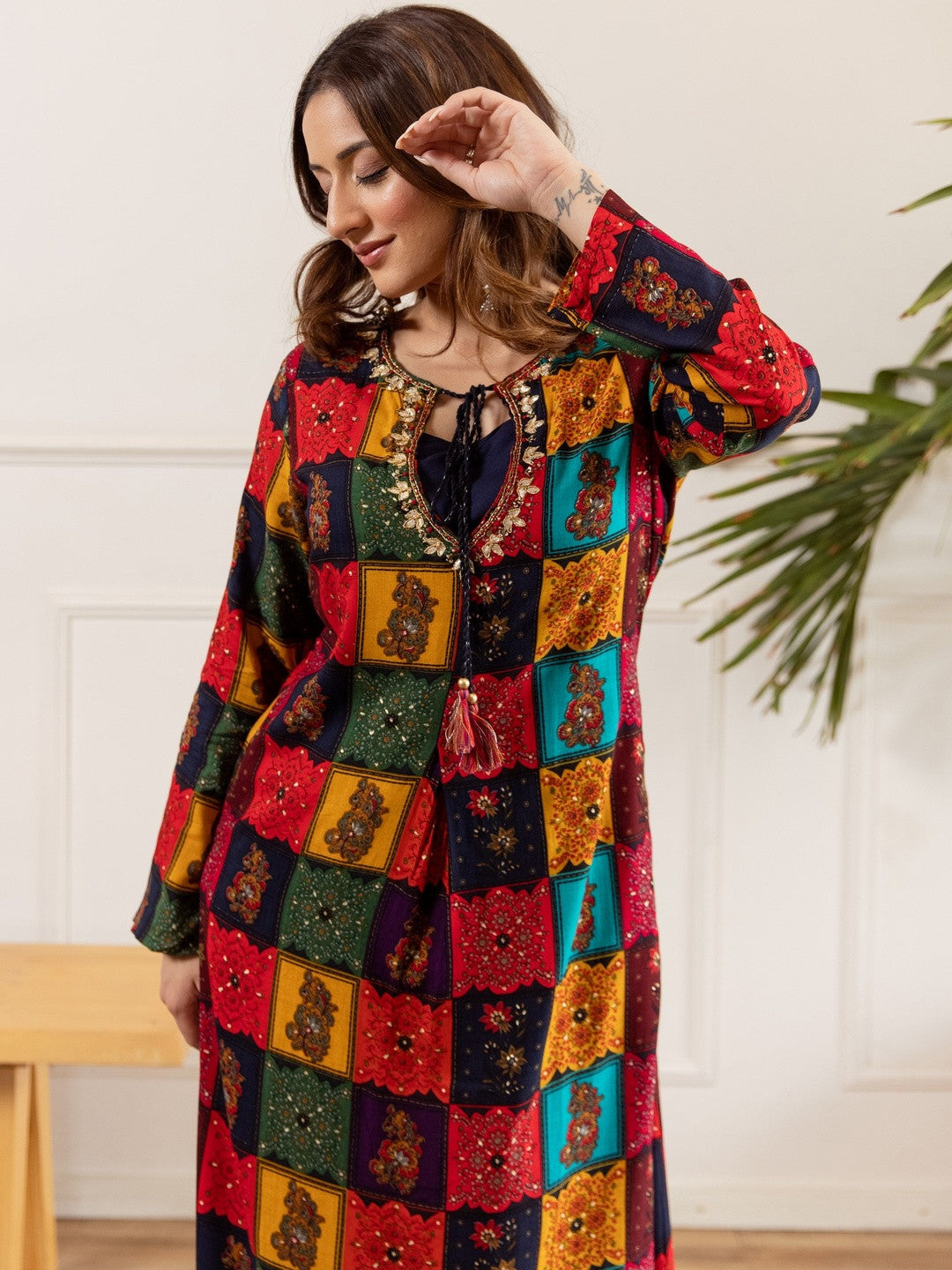 Ethnic Motifs Printed Thread Work Tie-Up Neck Straight Kurta With Palazzos